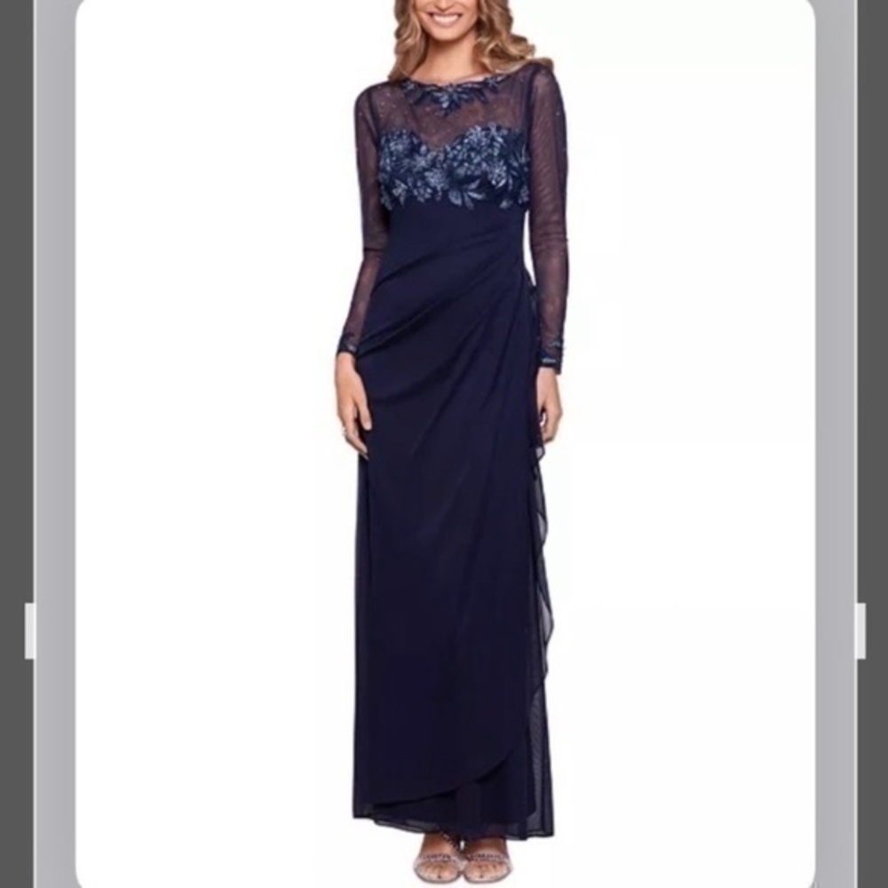 XSCAPE Lace Embroidered Sheer Long Sleeve Gown in Navy Blue